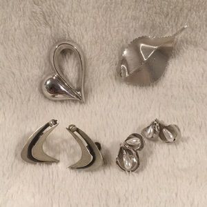 Vintage Beau Sterling Silver Calla Lily Pearl Earrings & Heart Leaves Brooch Lot
